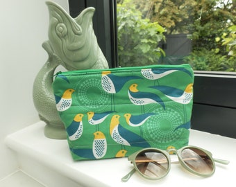 Zipper pouch, bird cosmetic bag, green and yellow cotton bird print, makeup bag, travel bag, gifts for her, bird lover gift, bird design