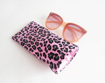 Leopard print glasses case, pink and black cotton leopard print fabric, gifs for her, sunglasses case, spectacles case, leopard lover gift