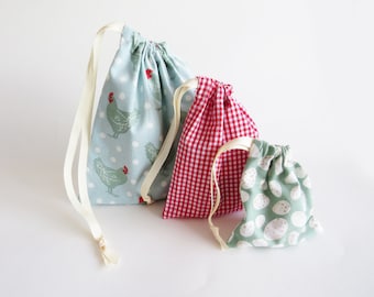 Chicken gift bags, set of three gift bags in varying sizes, cotton drawstring bag, storage bag, reusable gift wrap, gingham gift bag, eggs