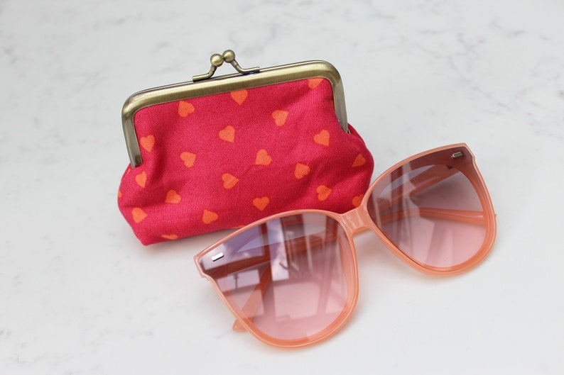 Love hearts coin purse, pink and orange cotton heart print purse, cotton pouch, makeup pouch, gifts for her, valentine gift, gifts for wife image 1
