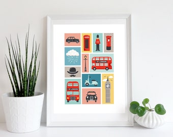 London artwork, printed artwork, London art, art for the home, London lover, London bus, Big Ben, London taxi, art for the home, home art