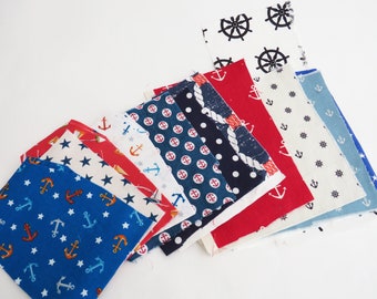 Nautical Fabric Scraps: Red, White & Blue Cotton Prints