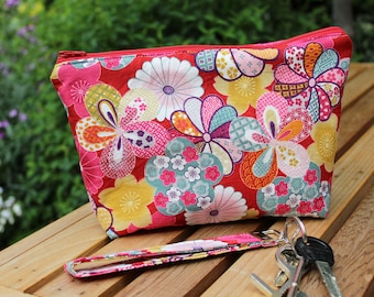 Floral cosmetic bag, pink cotton Japanese floral makeup bag, gift for her, toiletry bag, gadget pouch, clutch bag, gifts for friends, cotton