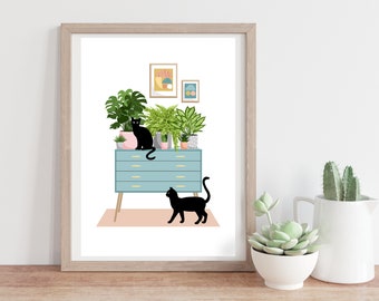 Cats and plants artwork, printed artwork, cat lover gift, black cats, house plants, home decor, bedroom art, living room art, unframed art