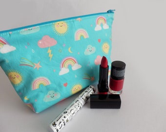 Rainbow cosmetic bag, turquoise blue cotton makeup bag, gifts for her, gifts for girls. gadget pouch, pencil case, rainbows and clouds