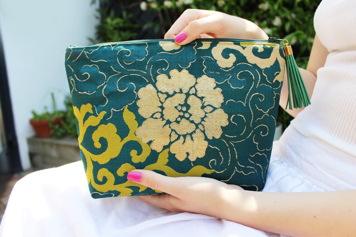 Obi Clutch Bag Green and Gold Vintage Japanese Obi Fabric Etsy