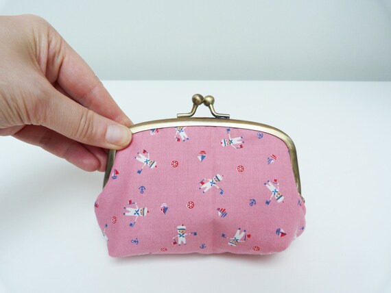 Coin Purse Sailor Fabric Pink and White Cotton Sailor Design