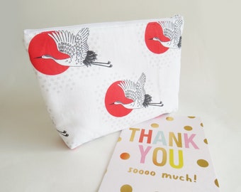 Japanese stork cosmetic bag, red and white stork print, Japanese gift, Japan lover gift, gadget pouch, pencil case, flying storks, red sun