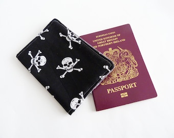 Skull passport case, black and white cotton skull and crossbones fabric, cotton case, travel gift, skull fabric, white skulls