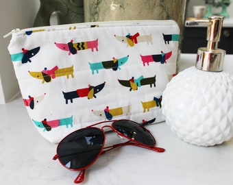 Makeup bag, sausage dog cosmetic bag, multi colour cotton dachshund makeup purse, dog lover gift, gifts for her, travel bag, travel gift