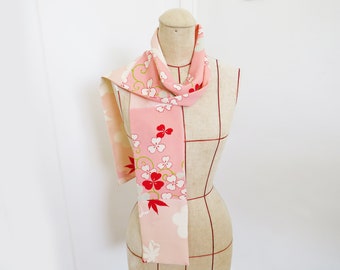 Pink kimono scarf, pink silk vintage Japanese kimono scarf, gifts for her, Japanese gift, kimono scarf, Japanese scarf, maple leaf design,