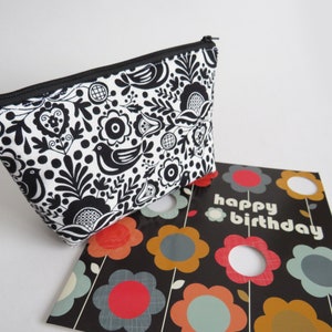 Bolso popular, estampado popular de algodón blanco y negro, regalos para ella, monedero de monedas, bolsa de maquillaje, bolsa de gadgets, regalo para mujeres, bolso de algodón, pájaro popular