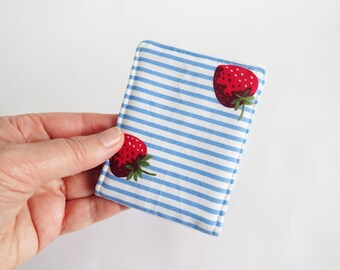 Strawberry card case, blue and white cotton striped strawberry print, strawberries gift, gift for her, gift for women, gift for girls, fruit