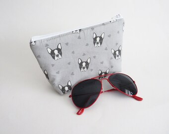 Bolso Bulldog Francés, cabezas de Boston Terrier de algodón gris, bolso de algodón, regalos para amantes de los perros, regalo amante de los perros, bolsa de gadget, bolsa de maquillaje, bolsa