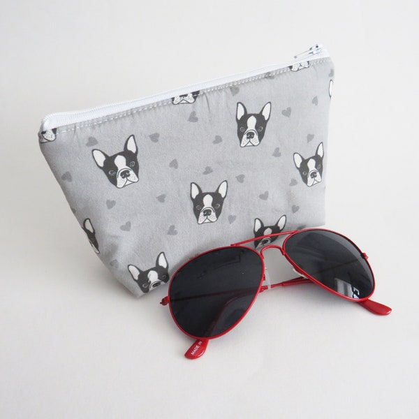 Français sac à main Bulldog, têtes de Boston Terrier en coton gris, sac à main en coton, cadeaux pour les amoureux des chiens, cadeau amoureux des chiens, pochette gadget, sac de maquillage, pochette