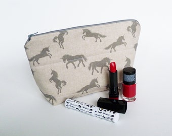 Unicorn cosmetic bag, grey and beige cotton unicorn design, unicorn gift, gifts for her, unicorn love, grey unicorns, unicorns for grown ups