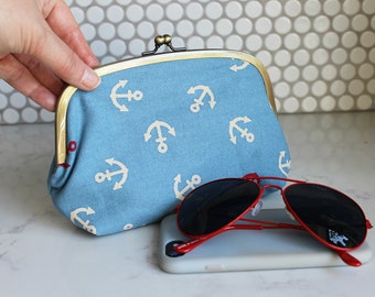 Makeup bag, anchor fabric, red white and blue cotton anchor design, cotton purse, handbag organiser, travel bag, pencil case, gadget pouch