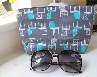 Chair cosmetic bag, blue and grey cotton chair print, chair fabric, gifts for her, travel bag, travel gift, gifts for mum, chair design,