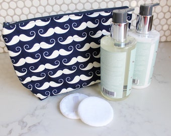 Zipper pouch, moustache makeup bag, blue and white cotton moustache fabric, cotton pouch, gadget pouch, travel bag, grooming bag, toilet bag