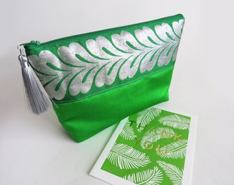 Green and silver clutch bag, Japanese vintage obi fabrics, gifts for her, gifts for women, Japanese gift, Japanese clutch bag, vintage bag