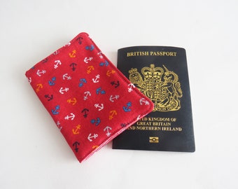 Anchor passport cover, red cotton nautical anchor fabric, travel gift, travel accessory, gifts for sailors, sailing gift, passport case