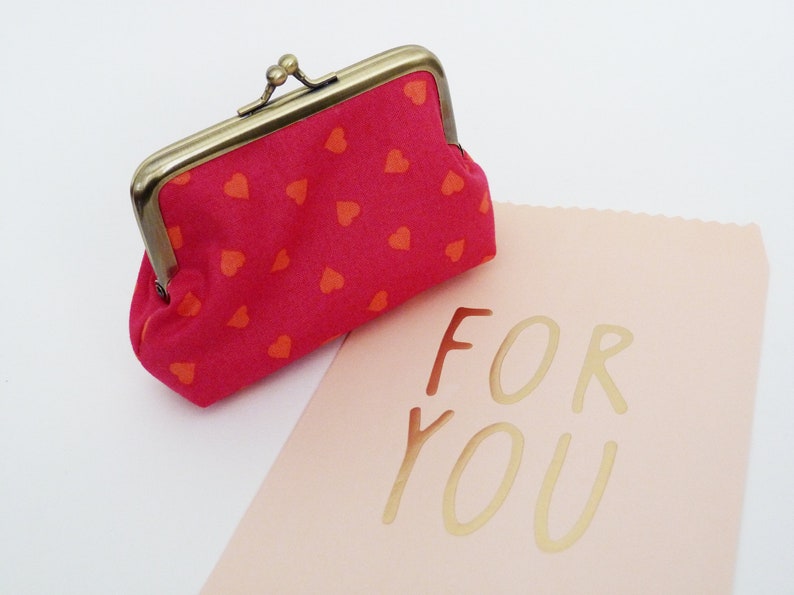 Love hearts coin purse, pink and orange cotton heart print purse, cotton pouch, makeup pouch, gifts for her, valentine gift, gifts for wife image 5