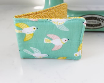 Bird card case, green cotton bird print, bird gift, gifts for her, credit card case, business card case, travel card case, bird lover gift