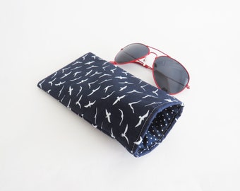 Handmade Bird Glasses Case: Navy Blue Cotton Print