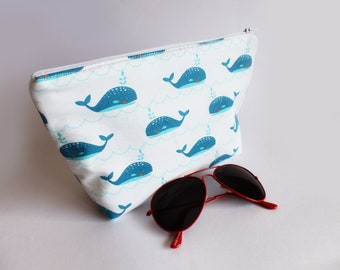 Whale cosmetic bag, gadget pouch. white whale print, novelty whales, gifts for her, cotton pouch, blue whales, whale lover, pencil case
