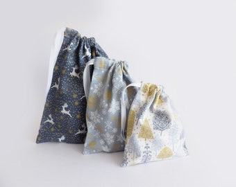 Cotton Christmas Gift Bags, Reindeer & Tree Print, Set of 3