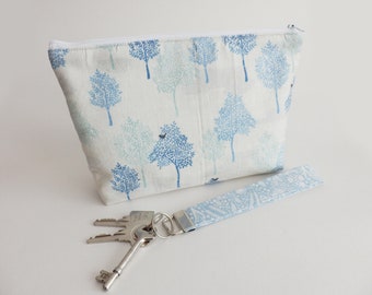 Tree cosmetic bag, blue and white cotton tree print fabric, gifts for her, gifts for women, makeup bag, tree-lover gift, pencil case, purse