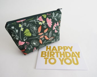 Floral Cosmetic Bag: Green Cotton Fabric Pouch, Zippered