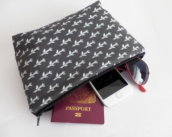 Airplane cosmetic bag, dark grey and white cotton airplane fabric, travel bag, handbag organiser, carry on bag, travel gift, gadget pouch
