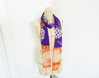 Kimono scarf, vintage Japanese kimono fabric, purple and orange, gift for her, silk scarf gift, gift for my wife, decorative scarf, Japanese