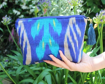 Ikat clutch bag, turquoise and blue ikat design, evening bag, decorative handbag, Mother's day gift, gifts for her, gift for mum, decorative