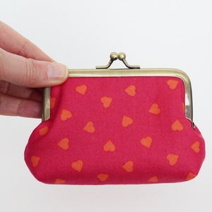 Love hearts coin purse, pink and orange cotton heart print purse, cotton pouch, makeup pouch, gifts for her, valentine gift, gifts for wife image 4
