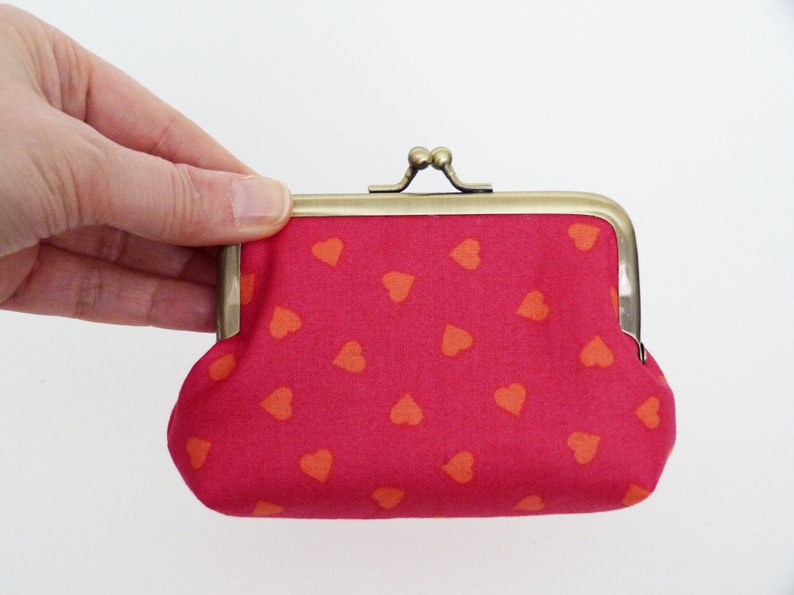 Love hearts coin purse, pink and orange cotton heart print purse, cotton pouch, makeup pouch, gifts for her, valentine gift, gifts for wife image 4
