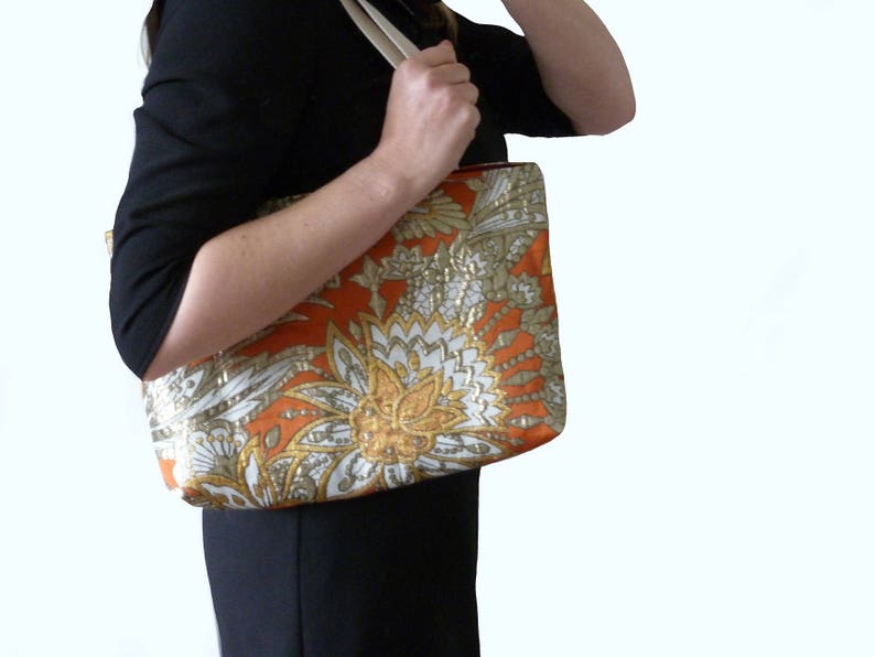 orange and metallic decorative vintage Japanese obi fabric vintage obi handbag Tote bag