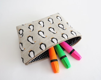 Penguin Cosmetic Bag: Handmade Beige Cotton Gadget Pouch