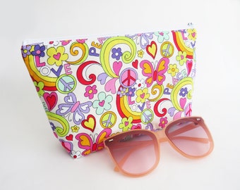 Peace and love cosmetic bag, brightly coloured zipper pouch, fun print, rainbows, gifts for girls, gifts for her, cotton zipper purse