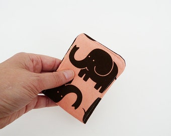 Elephant print card case, elephant fabric, pink and brown cotton elephant design, cotton case, elephant gift, gifts for her, secret santa