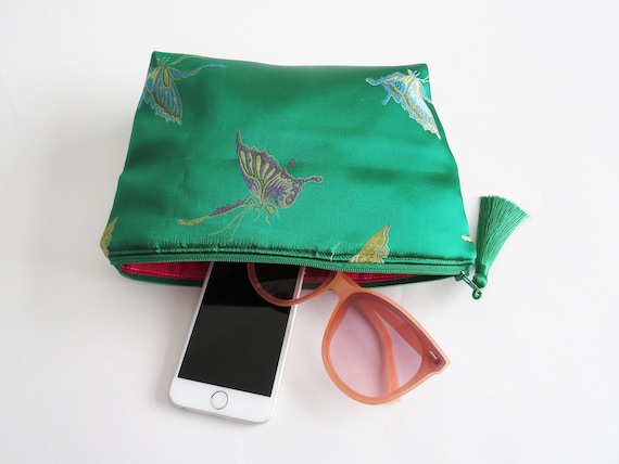 Green satin shop clutch bag
