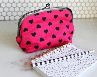 Cosmetic bag, heart fabric, pink and black cotton heart fabric, cotton pouch, travel bag, pencil case, handbag organiser, makeup bag