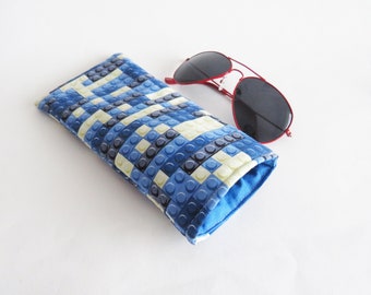 Lego glasses case, blue cotton Lego print, sunglasses case, spectacles case, gifts for Lego lovers, blue lego, gifts for her, gifts for him