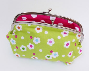 Cosmetic bag, floral fabric,  green and pink cotton stylised floral fabric, travel bag, handbag organiser, pencil case