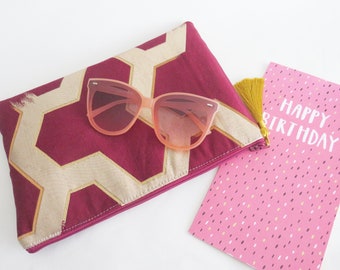 Japanese clutch bag, burgundy and gold