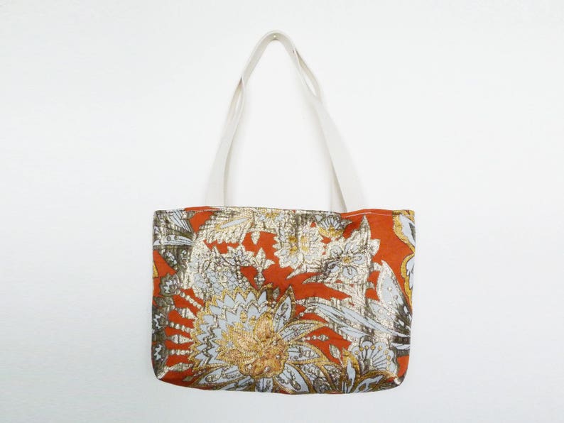 orange and metallic decorative vintage Japanese obi fabric vintage obi handbag Tote bag