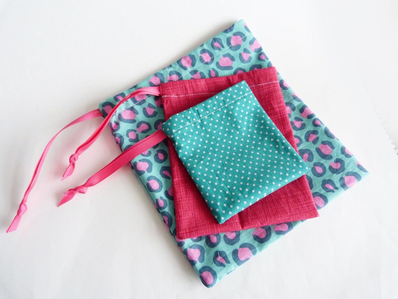 reusable gift bags hot pink polka dot Set of three gift bags pink and turquoise cotton gift bags washable gift bags leopard print