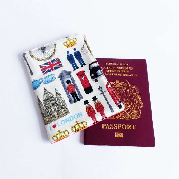 London passport cover, London fabric, London lover, London souvenir, London gift, travel gift, padded case, passport case, London print