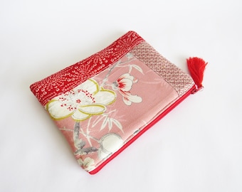 Monedero de tela tipo kimono con cremallera: regalo japonés de patchwork rosa